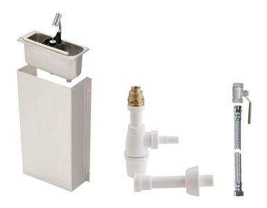 dipperwell, bucket shower, cleaning sink, dipper shower, dipperwell sink, iceshovel sanitizer, wallmounting, siphon, overflow tube, cover plates, assembly, dipper well sink, reinforced hose, hose fitting, nut straight with gasket, reduction fittings