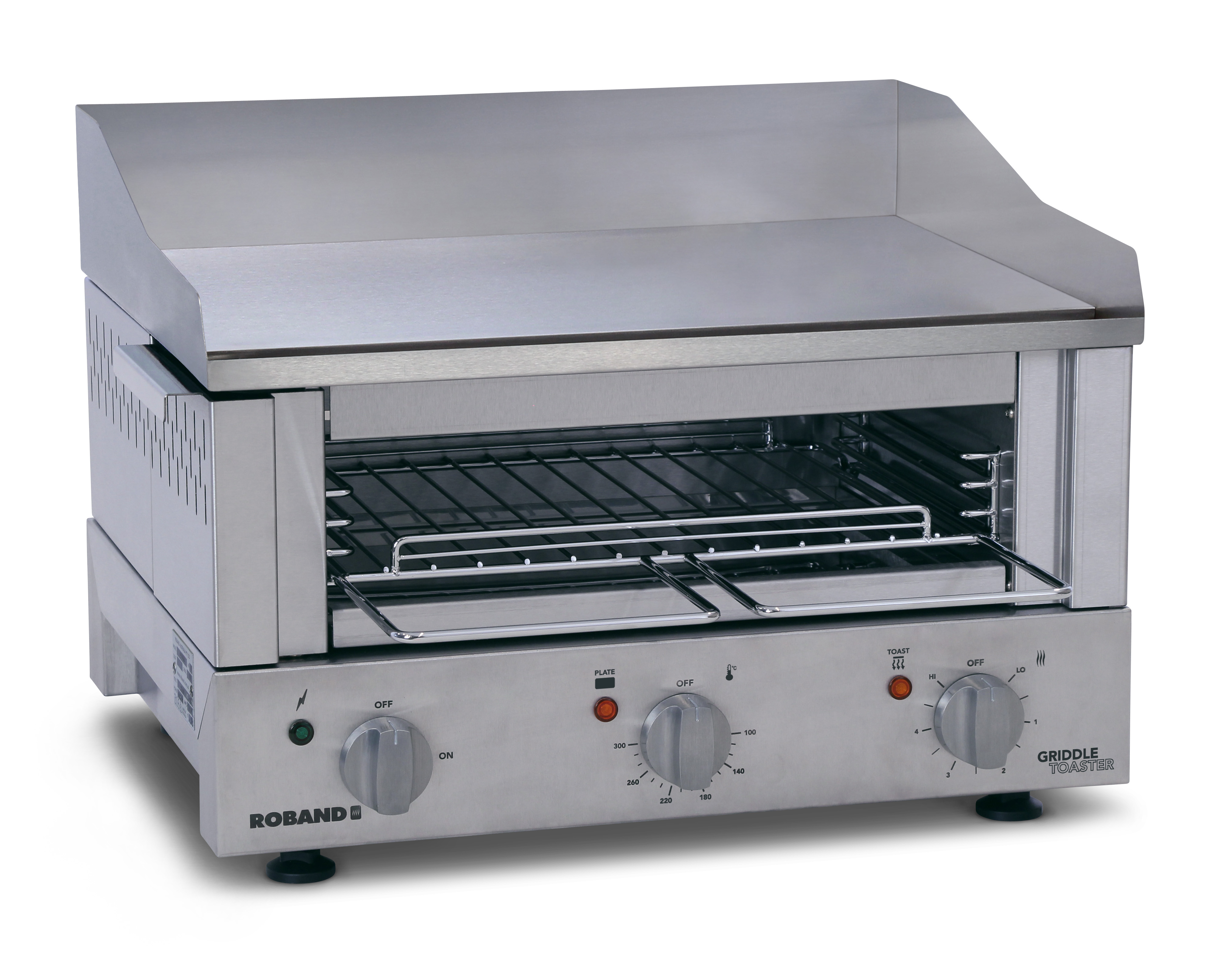 grillplatte, integrierter salamander, tischgeraet, separate heizelemente, 8 mm stahlgriddleplatte, hoher spritzschutz, herausnehmbarer, integrierter doppelwandiger fettauffangbehaelter, regelung grillplatte, steuerung salamander durch energieregler