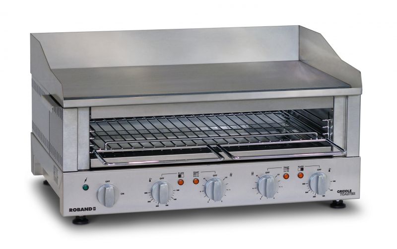 griddletoaster, gute waermespeicherung, schnelle temperaturgewinnung, zielgerichtete hitzeverteilung, thermostatisch regelbar, unabhaengiger betrieb linke & rechte seite, kruemelblech, gebuersteter edelstahl, 1/1 gastronormbehaelter, einstellbare fuesse